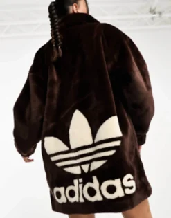Adidas Originals 'Neutral Court' Faux Fur Coat With Trefoil In Chocolate Brown