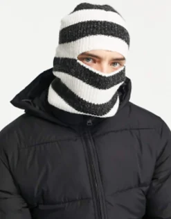 Adpt Rib Knitted Balaclava In White Stripe