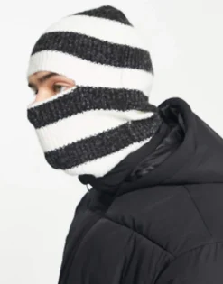 Adpt Rib Knitted Balaclava In White Stripe