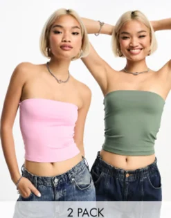 Bershka 2 Pack Bandeau Tops In Khaki & Pink