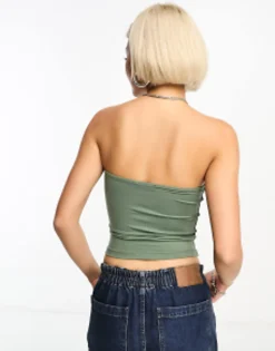 Bershka 2 Pack Bandeau Tops In Khaki & Pink