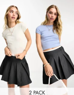 Bershka Baby Tee 2 Pack In Steel Blue And Stone