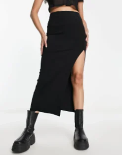Bershka Midi Skirt With Front Slit In