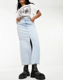 Bershka Raw Hem Split Hem Denim Midi Skirt In