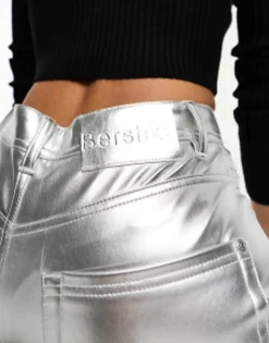 Bershka Straight Leg Faux Leather Trousers In