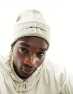 Calvin Klein Jeans Monogram Logo Embroidered Beanie In Taupe