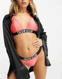Calvin Klein Logo Rib Triangle Bikini In Red