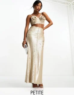 Collective The Label Petite Exclusive Embellished Maxi Skirt Co-Ord In Champagne