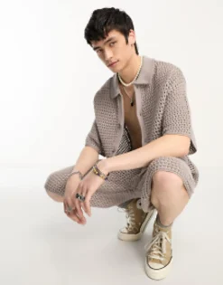 Collusion Crochet Longline Shorts In Grey Co-Ord