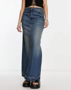Collusion Long Maxi Denim Skirt In Blue Dirty Wash