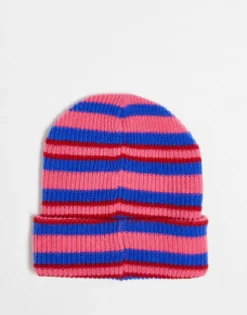 Collusion Unisex Stripe Logo Beanie In Pink And Blue