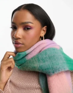 Daisy Street Check Blanket Scarf In And Purple Check