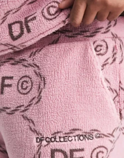 Dark Future Co-Ord Relaxed Joggers In Teddy Borg With All Over Monogram Logo Print And Embroidery In Pink