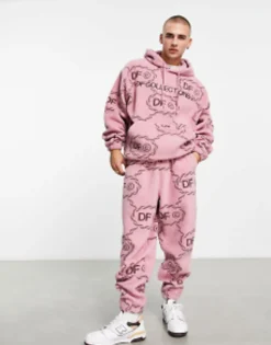 Dark Future Co-Ord Relaxed Joggers In Teddy Borg With All Over Monogram Logo Print And Embroidery In Pink