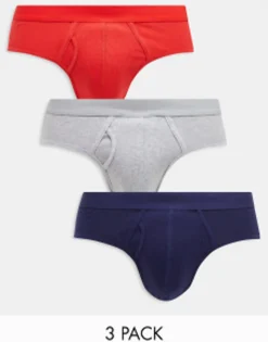 Design 3 Pack Briefs In Red, Navy And Grey