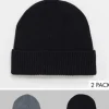 Design 2 Pack Fisherman Ribbed Beanie In Grey And Black