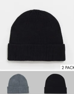 Design 2 Pack Fisherman Ribbed Beanie In Grey And Black