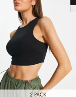 Design 2 Pack High Neck Super Crop Vest In Black And White