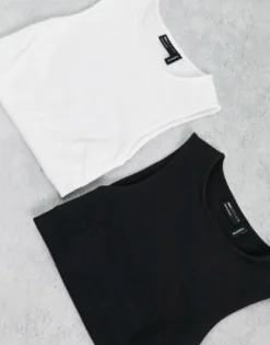 Design 2 Pack High Neck Super Crop Vest In Black And White