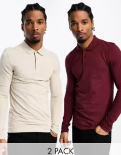 Design 2 Pack Long Sleeve Muscle Fit Polo In Stone And Burgundy