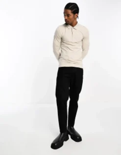 Design 2 Pack Long Sleeve Muscle Fit Polo In Stone And Burgundy