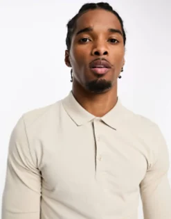 Design 2 Pack Long Sleeve Muscle Fit Polo In Stone And Burgundy