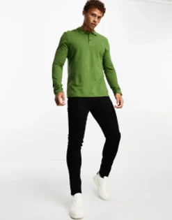 Design 2 Pack Long Sleeve Pique Polo In Green And Navy