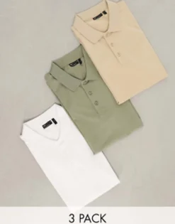 Design 3 Pack Muscle Fit Polo In Khaki, White And Beige