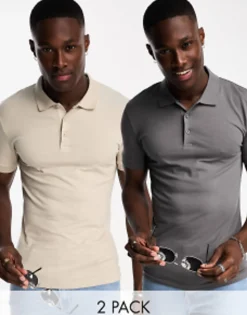 Design 2 Pack Muscle Fit Polo In Stone And Grey