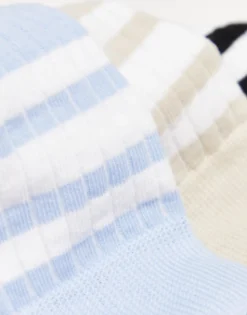 Design 3 Pack Ribbed Ankle Socks With Stripe Detail In Stone/Blue/Charcoal