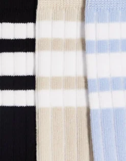 Design 3 Pack Ribbed Ankle Socks With Stripe Detail In Stone/Blue/Charcoal