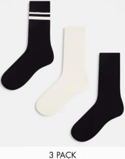 Design 3 Pack Ribbed Stripe Ankle Socks In And Ecru
