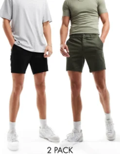 Design 2 Pack Slim Chino Shorts In Mid Length In Dark Khaki And Navy
