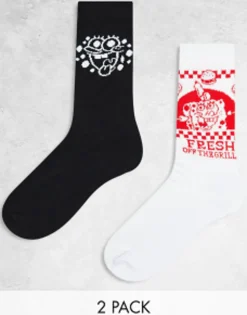 Design 2 Pack Sports Socks In Black And White With Spongebob Design
