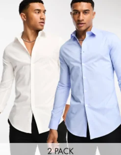 Design 2 Pack Stretch Slim Fit Work Shirt In Save