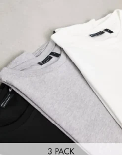 Design 3 Pack T-Shirt With Crew Neck In White, Grey Marl And Black