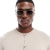 Design Angled Round Metal Sunglasses With Smoke Gradient Lens In