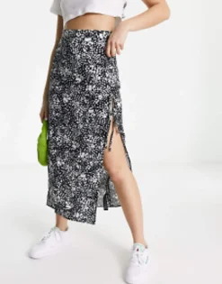 Design Bow Detail Midi Skirt With Thigh Split In Print