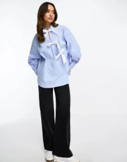 Design Contrast Bow Detail Shirt In Blue & White Stripe
