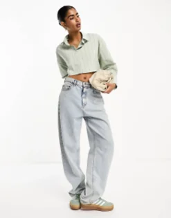 Design Cropped Shirt In Olive And Black Pinstripe