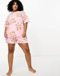 Design Curve Christmas Gingerbread Oversized Tee & Short Pyjama Set In