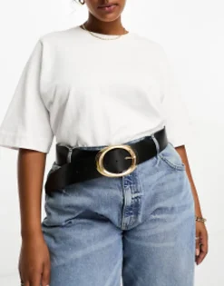 Design Curve Wide Waist Belt With Oval Gold Buckle