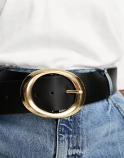 Design Curve Wide Waist Belt With Oval Gold Buckle