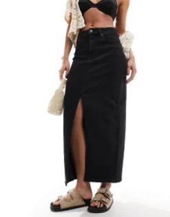 Design Denim Maxi Skirt With Split Hem In
