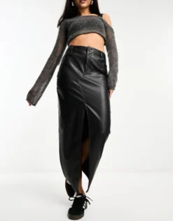Design Faux Leather Maxi Skirt With Front Split In