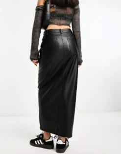 Design Faux Leather Maxi Skirt With Front Split In