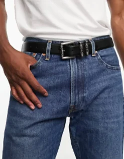 Design Faux Leather Pebbled Belt With Engraved Burnished Buckles In