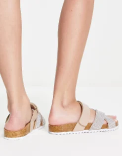 Design Fiery Cross Strap Flat Sandals With Diamante In Pink