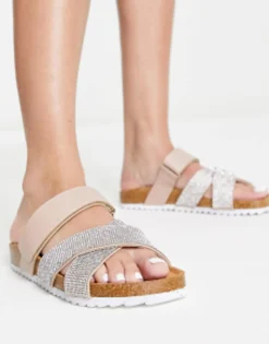 Design Fiery Cross Strap Flat Sandals With Diamante In Pink