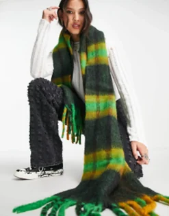 Design Fluffy Wool Mix Tassel Scarf In Mustard & Green Check